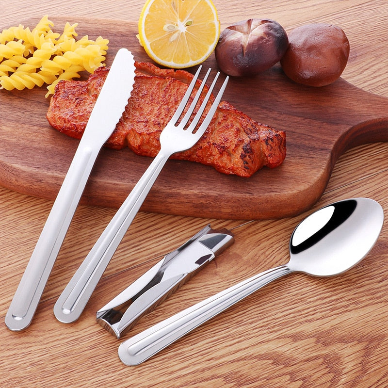 4-in-1 Portable stainless steel Cutlery Set silverware Camping Spoon Fork Knife and Can/Bottle Opener Military Camping Utensils - Amazhona 