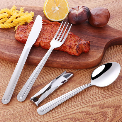 4-in-1 Portable stainless steel Cutlery Set silverware Camping Spoon Fork Knife and Can/Bottle Opener Military Camping Utensils - Amazhona 