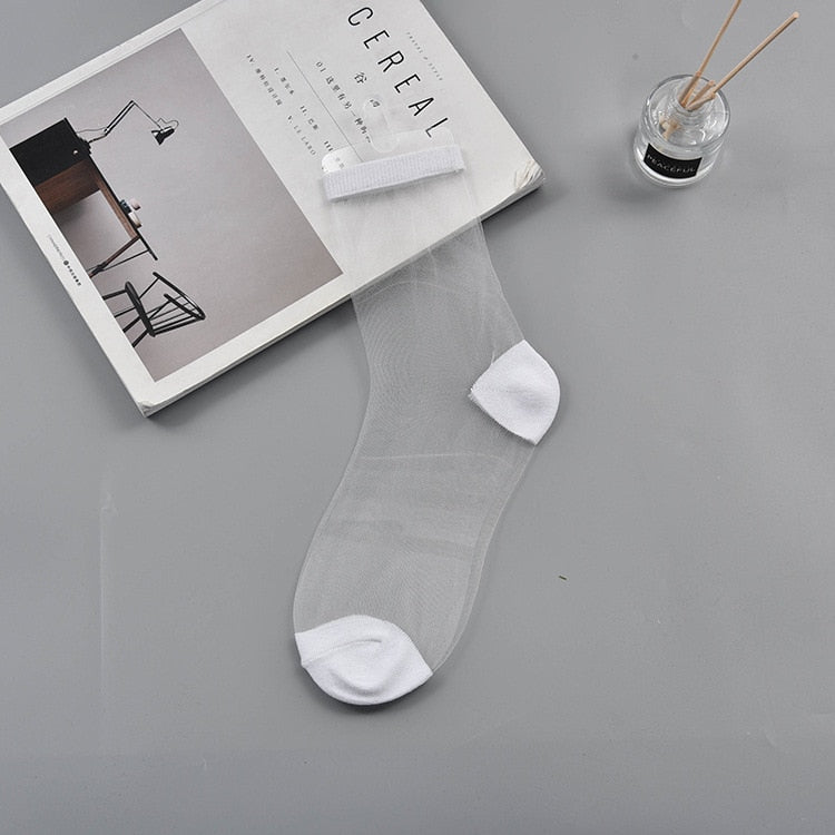 Sexy Lace Mesh Transparent Women Socks Summer Fashion Crystal Silk Tide Socks Lady Black White Fishnet Socks Quality Cool Sox - Amazhona 