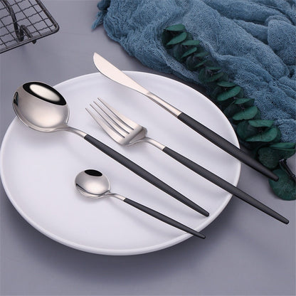 Black Silver Fork Spoon Knife Stainless Steel Cutlery Set Silverware Tableware Chopsticks Dinnerware IceTea Spoon Flatware Set - Amazhona 