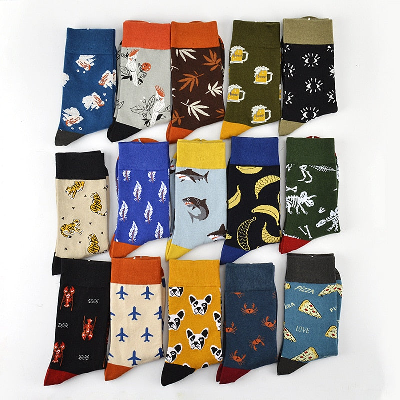 Men's Fashion Fall Winter Skateboard Socks Happy Creative Airplane Crab Lobster Shark Beer Socks Novelty Crew Funny Man Socks - Amazhona 