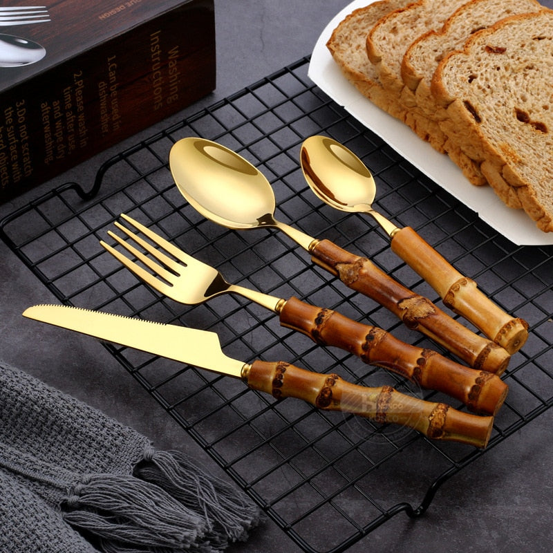 Bamboo Cutlery Set 1pc/4pcs Stainless Steel Golden Tableware Knife Fork Spoon Flatware Dishwasher Safe Silverware Dinnerware Set - Amazhona 