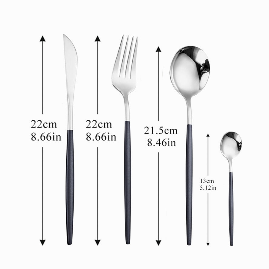 Black Silver Fork Spoon Knife Stainless Steel Cutlery Set Silverware Tableware Chopsticks Dinnerware IceTea Spoon Flatware Set - Amazhona 