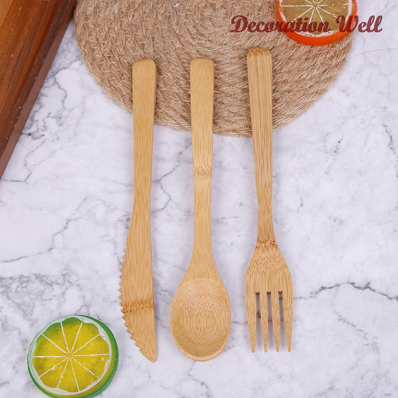 3Pcs/Set Natural Bamboo Wooden Cutlery Set Fork Cutter Cutting Reusable Kitchen Tableware New - Amazhona 