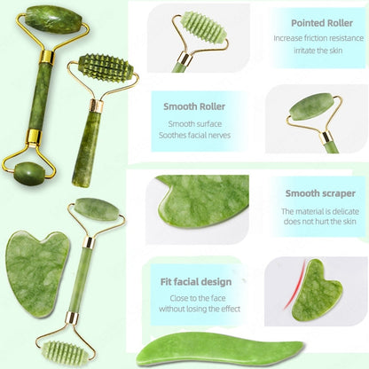 Natural Face Massager Gua Sha Jade Roller Face Massage Tool Set Face For Massager Guasha Facial Neck Skin Beauty Care Set - Amazhona 