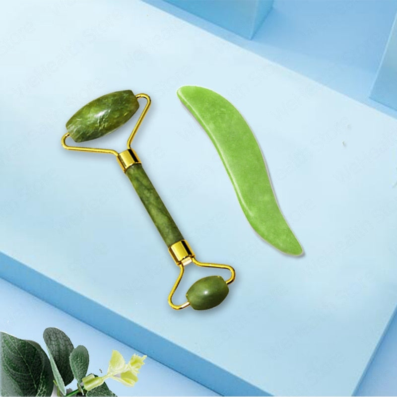 Natural Face Massager Gua Sha Jade Roller Face Massage Tool Set Face For Massager Guasha Facial Neck Skin Beauty Care Set - Amazhona 