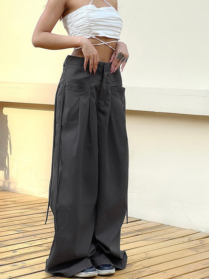 HEYounGIRL Shirring Casual Wide Leg Pants Women High Waist Street Basic Loose Sweat Trousers Korean Retro Gray Office Lady Pants - Amazhona 