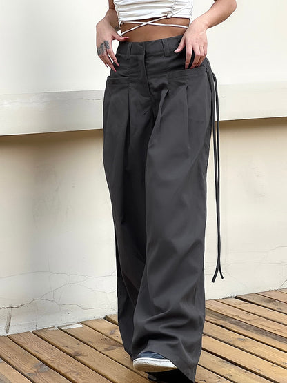 HEYounGIRL Shirring Casual Wide Leg Pants Women High Waist Street Basic Loose Sweat Trousers Korean Retro Gray Office Lady Pants - Amazhona 