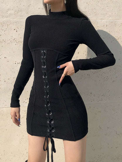 HEYounGIRL Tie Up Bandage Black Bodycon Dress Autumn Basic Long Sleeve Knitted Mini Dresses Ladies Skinny Casual Winter Fashion - Amazhona 