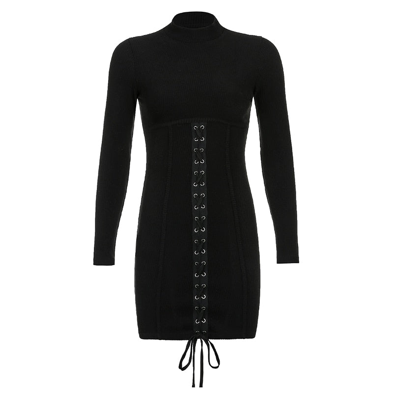 HEYounGIRL Tie Up Bandage Black Bodycon Dress Autumn Basic Long Sleeve Knitted Mini Dresses Ladies Skinny Casual Winter Fashion - Amazhona 