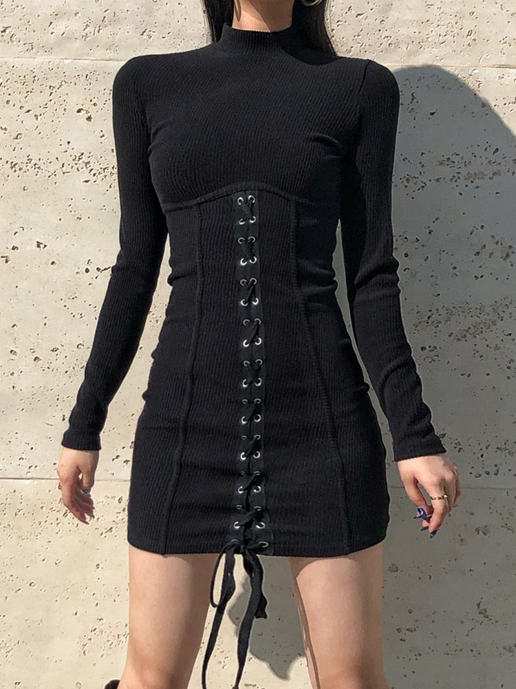 HEYounGIRL Tie Up Bandage Black Bodycon Dress Autumn Basic Long Sleeve Knitted Mini Dresses Ladies Skinny Casual Winter Fashion - Amazhona 