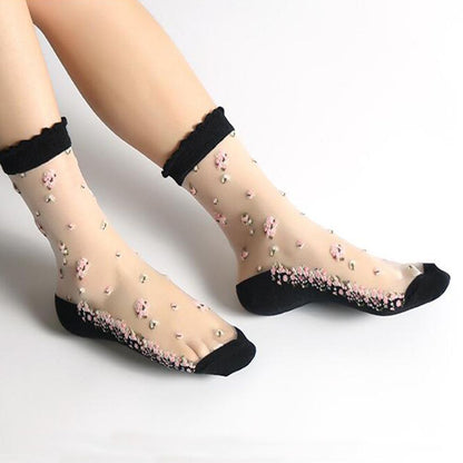 1 Pair Breathable Ultra Thin Socks Summer Women Transparent Lace Silk Crystal Rose Flower Girls Elastic Short Socks Female Sox - Amazhona 