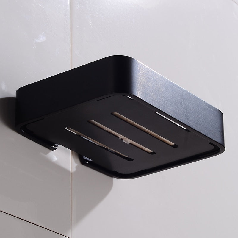 Soap Dish Storage Holder Black Aluminum Bathroom Soap Holder Shower Wall Mounted Decorative Soap Dishes Box Basket Square - Amazhona 