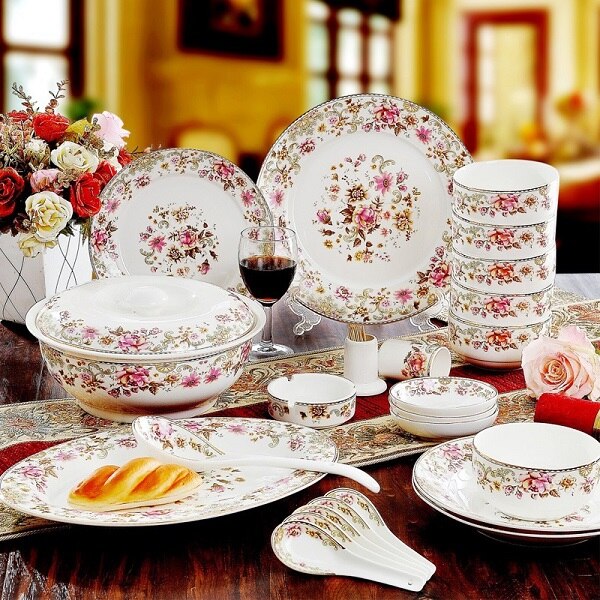 Jingdezhen 56pieces skull porcelain tableware set dishes high - end dishes set home Chinese wedding gift box - Amazhona 