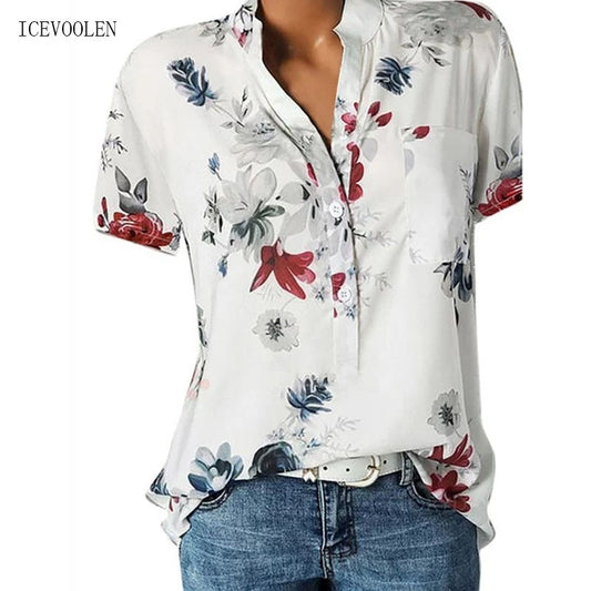 blusas de mujer Elegant women's shirt printing large size casual shirt fashion V-neck short-sleeved shirt blouse - Amazhona 