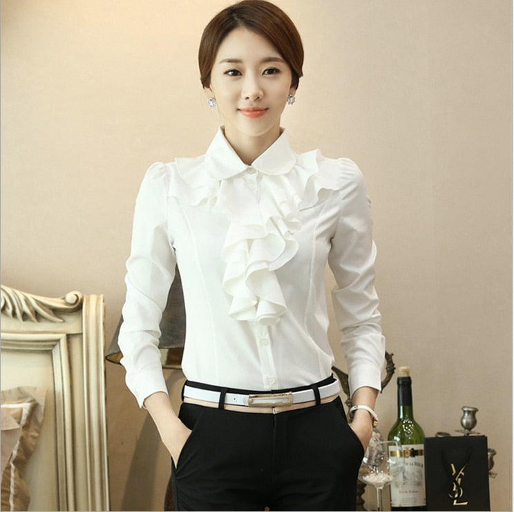 blusas de muje New Women Chiffon Blouse Long Sleeve Shirt Female Professional Lace Tops OL Chiffon Tops - Amazhona 