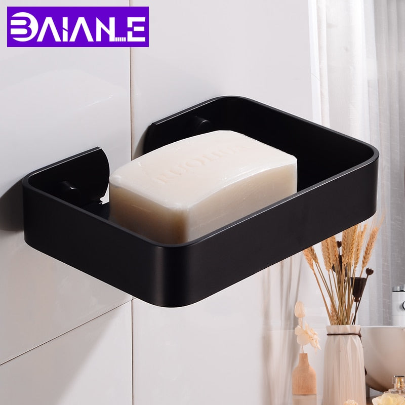 Soap Dish Storage Holder Black Aluminum Bathroom Soap Holder Shower Wall Mounted Decorative Soap Dishes Box Basket Square - Amazhona 