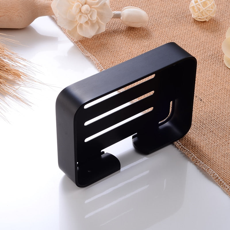 Soap Dish Storage Holder Black Aluminum Bathroom Soap Holder Shower Wall Mounted Decorative Soap Dishes Box Basket Square - Amazhona 