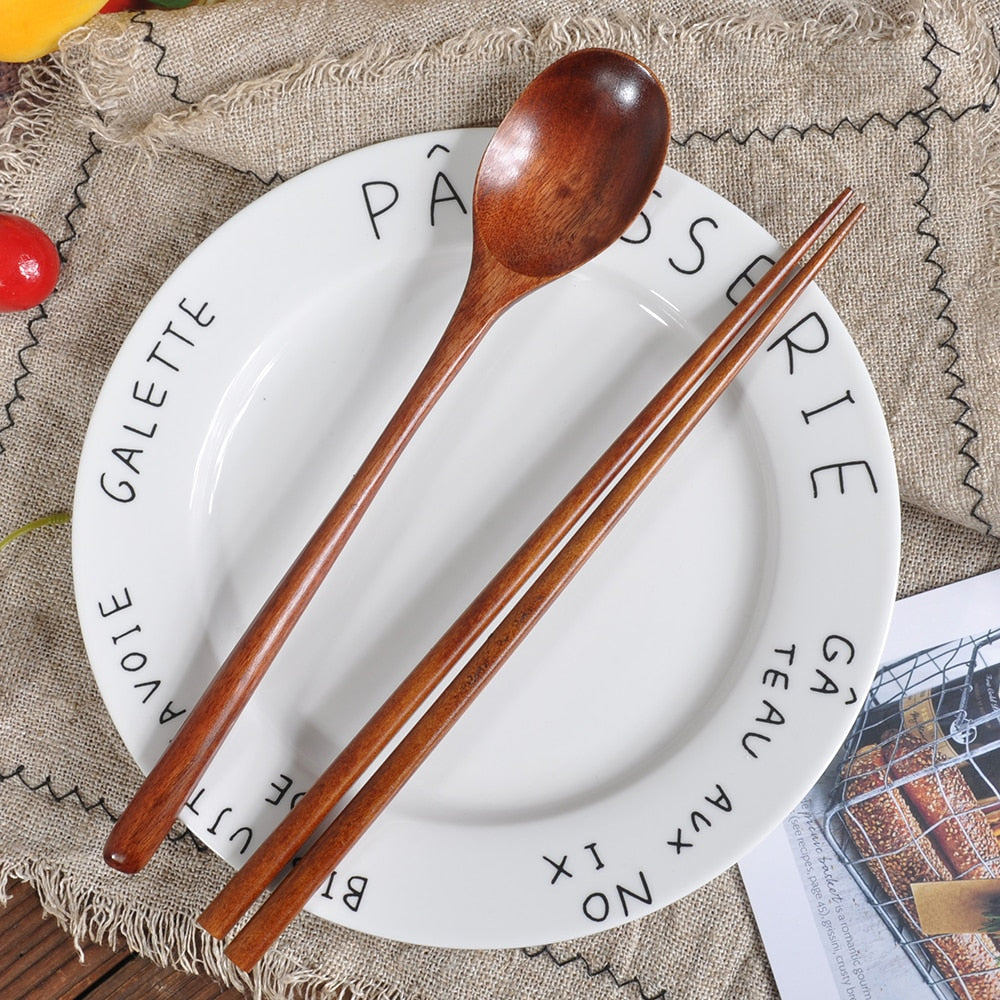 Japanese Wooden Tableware Set Portable Chopsticks Spoon Cutlery Set Travel Dinnerware Suit 1 Pairs Chopstick +1 Spoons 2022 New - Amazhona 