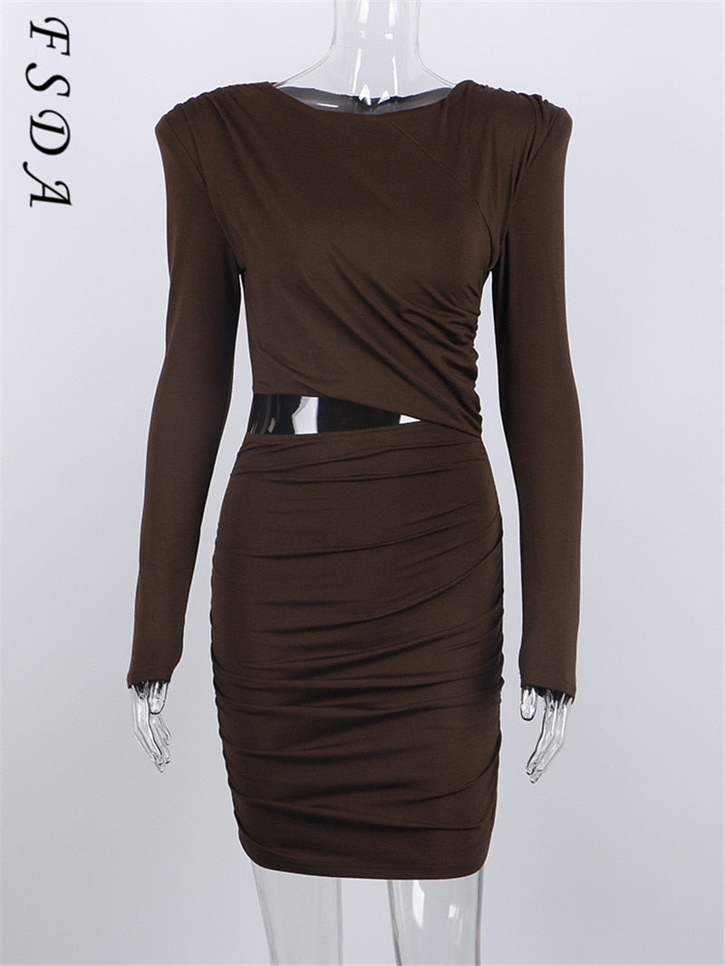 FSDA 2021 Hollow Out Bodycon Dress Mini Women Brown Autumn Winter Sexy O Neck Long Sleeve Elegant Party Dresses Black Club - Amazhona 