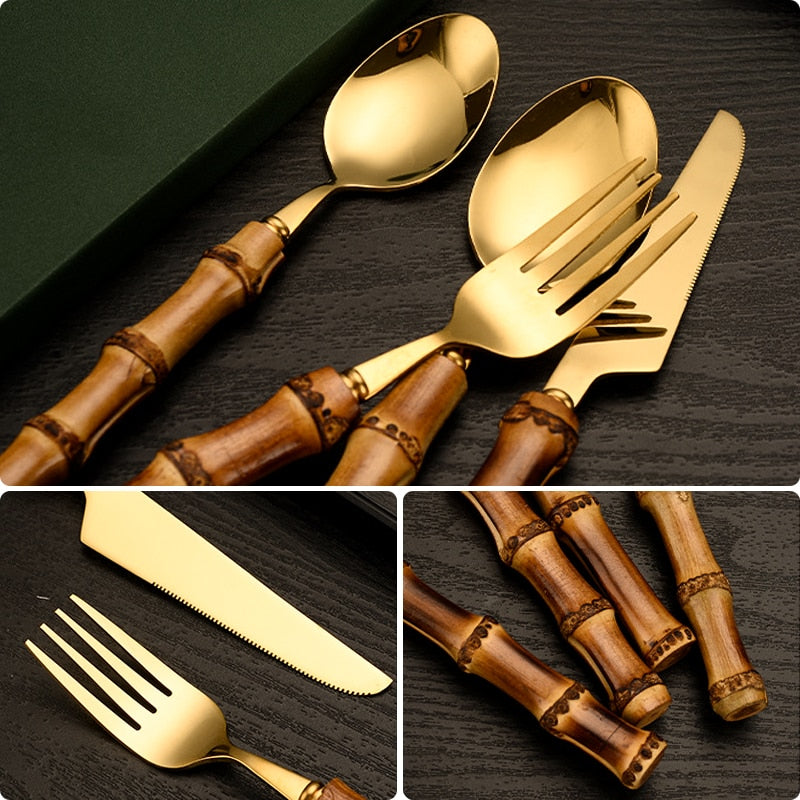 Bamboo Cutlery Set 1pc/4pcs Stainless Steel Golden Tableware Knife Fork Spoon Flatware Dishwasher Safe Silverware Dinnerware Set - Amazhona 