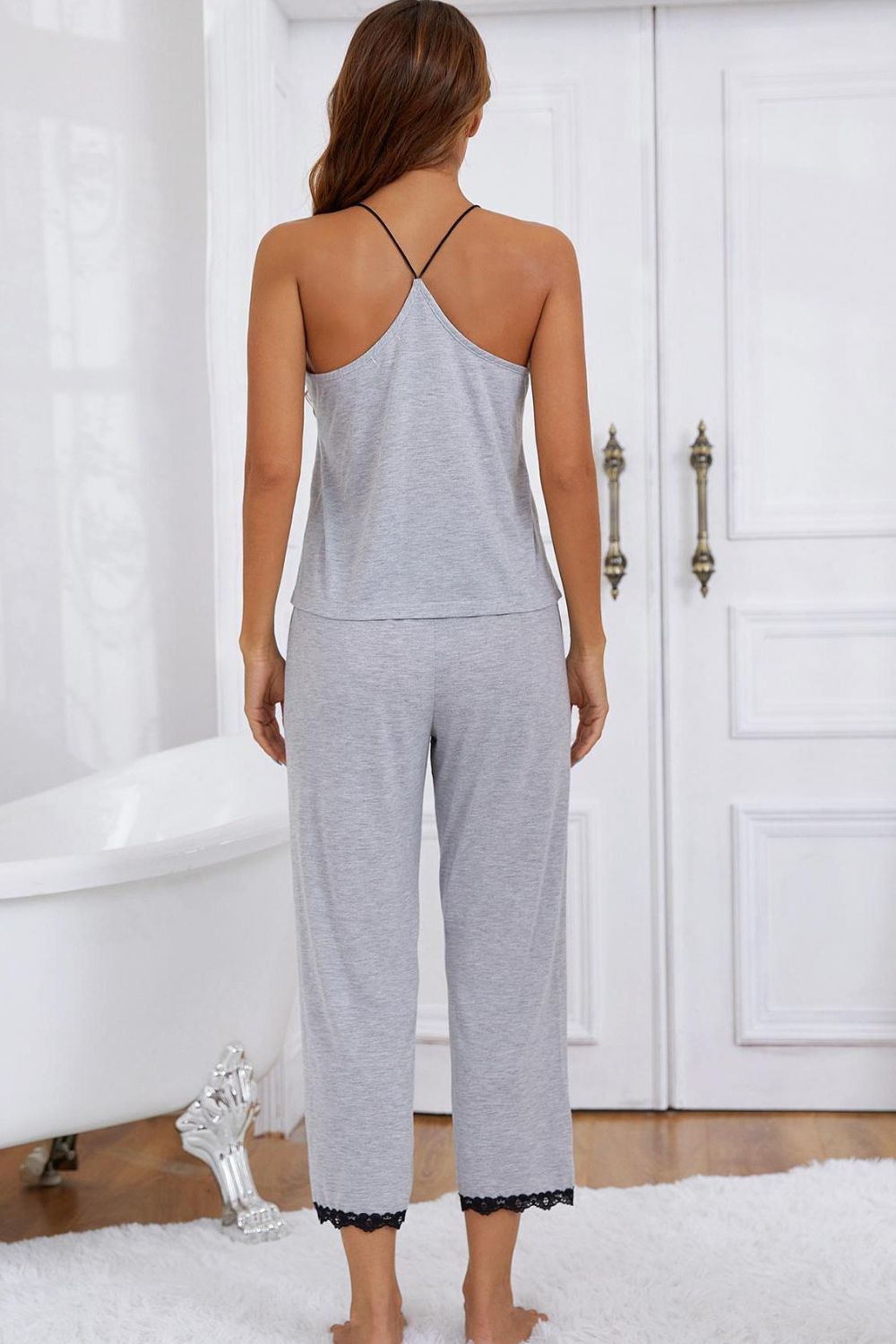 Halter Neck Cami and Lace Trim Pajama Set - Amazhona 