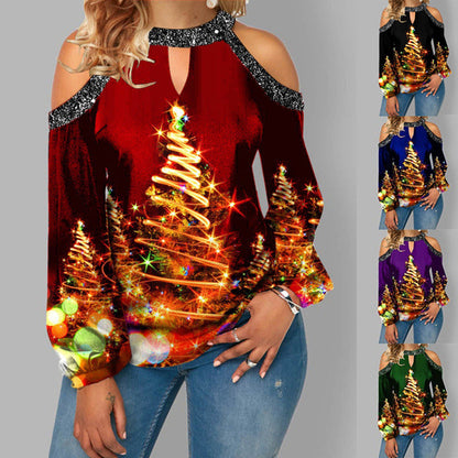 Hanging Neck Button Long Sleeve Hollow Christmas Women's T-shirt - Amazhona 