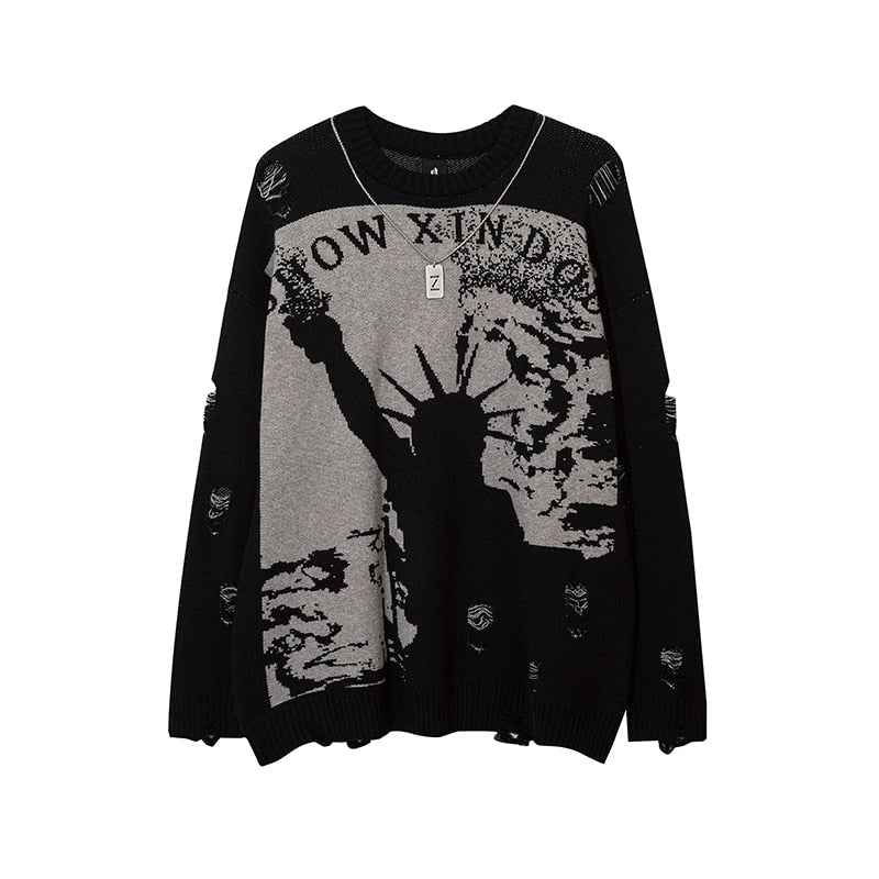 Harajuku Priest Salvation Printed Knitwears Women Streetwear Hip Hop Destroyed Hole Ripped Pullovers Jumper Oversized Men - Amazhona 