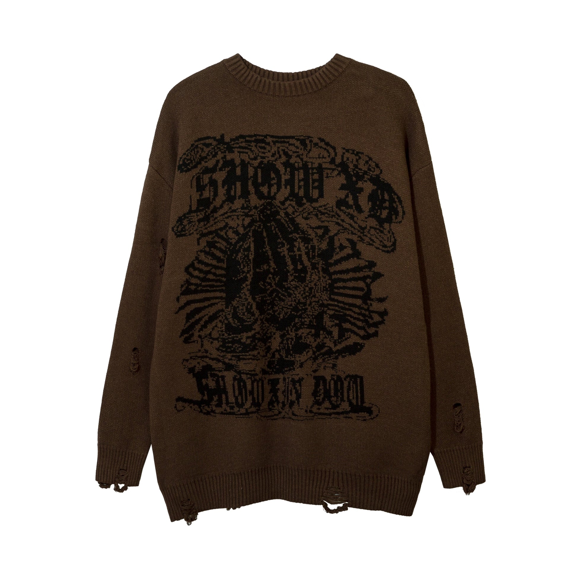 Harajuku Priest Salvation Printed Knitwears Women Streetwear Hip Hop Destroyed Hole Ripped Pullovers Jumper Oversized Men - Amazhona 