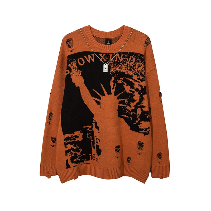 Harajuku Priest Salvation Printed Knitwears Women Streetwear Hip Hop Destroyed Hole Ripped Pullovers Jumper Oversized Men - Amazhona 