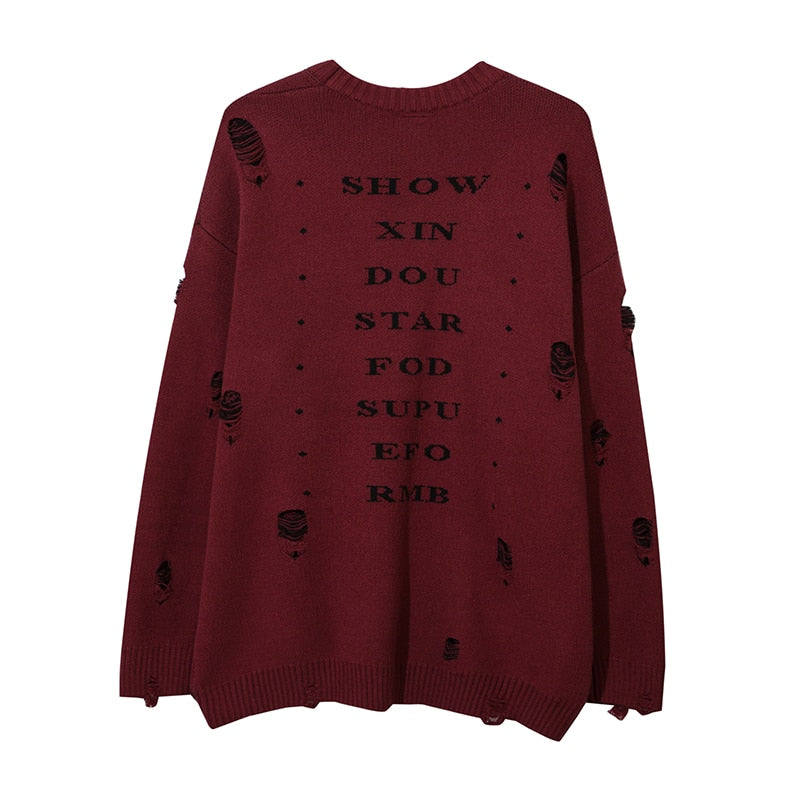 Harajuku Priest Salvation Printed Knitwears Women Streetwear Hip Hop Destroyed Hole Ripped Pullovers Jumper Oversized Men - Amazhona 