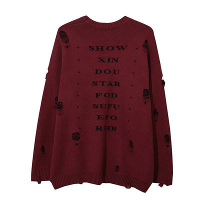 Harajuku Priest Salvation Printed Knitwears Women Streetwear Hip Hop Destroyed Hole Ripped Pullovers Jumper Oversized Men - Amazhona 