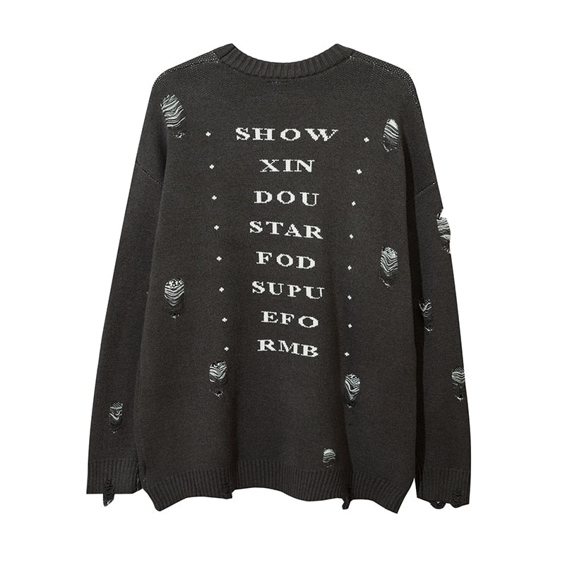 Harajuku Priest Salvation Printed Knitwears Women Streetwear Hip Hop Destroyed Hole Ripped Pullovers Jumper Oversized Men - Amazhona 