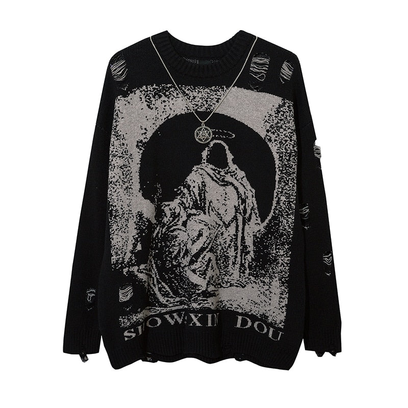 Harajuku Priest Salvation Printed Knitwears Women Streetwear Hip Hop Destroyed Hole Ripped Pullovers Jumper Oversized Men - Amazhona 