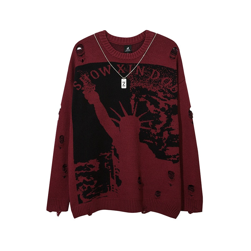 Harajuku Priest Salvation Printed Knitwears Women Streetwear Hip Hop Destroyed Hole Ripped Pullovers Jumper Oversized Men - Amazhona 