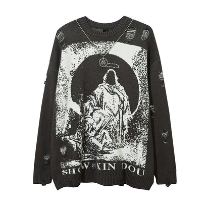 Harajuku Priest Salvation Printed Knitwears Women Streetwear Hip Hop Destroyed Hole Ripped Pullovers Jumper Oversized Men - Amazhona 