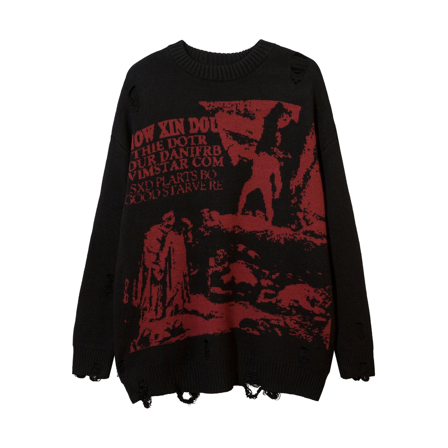 Harajuku Priest Salvation Printed Knitwears Women Streetwear Hip Hop Destroyed Hole Ripped Pullovers Jumper Oversized Men - Amazhona 