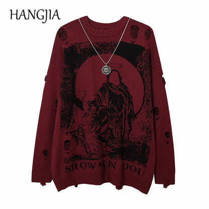 Harajuku Priest Salvation Printed Knitwears Women Streetwear Hip Hop Destroyed Hole Ripped Pullovers Jumper Oversized Men - Amazhona 