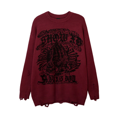 Harajuku Priest Salvation Printed Knitwears Women Streetwear Hip Hop Destroyed Hole Ripped Pullovers Jumper Oversized Men - Amazhona 