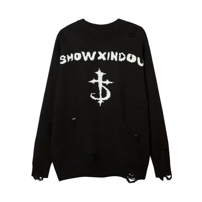 Harajuku Priest Salvation Printed Knitwears Women Streetwear Hip Hop Destroyed Hole Ripped Pullovers Jumper Oversized Men - Amazhona 