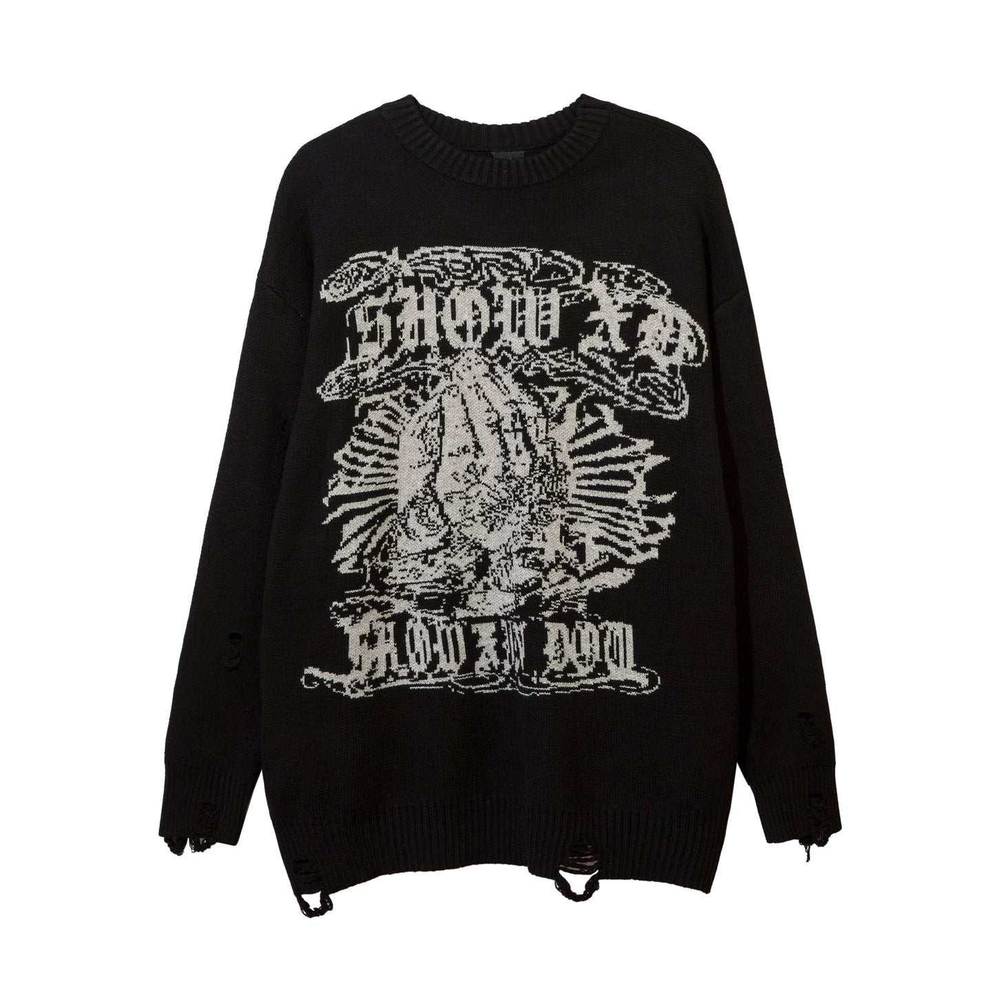 Harajuku Priest Salvation Printed Knitwears Women Streetwear Hip Hop Destroyed Hole Ripped Pullovers Jumper Oversized Men - Amazhona 