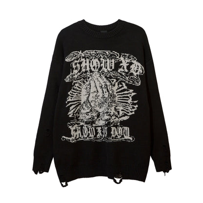 Harajuku Priest Salvation Printed Knitwears Women Streetwear Hip Hop Destroyed Hole Ripped Pullovers Jumper Oversized Men - Amazhona 