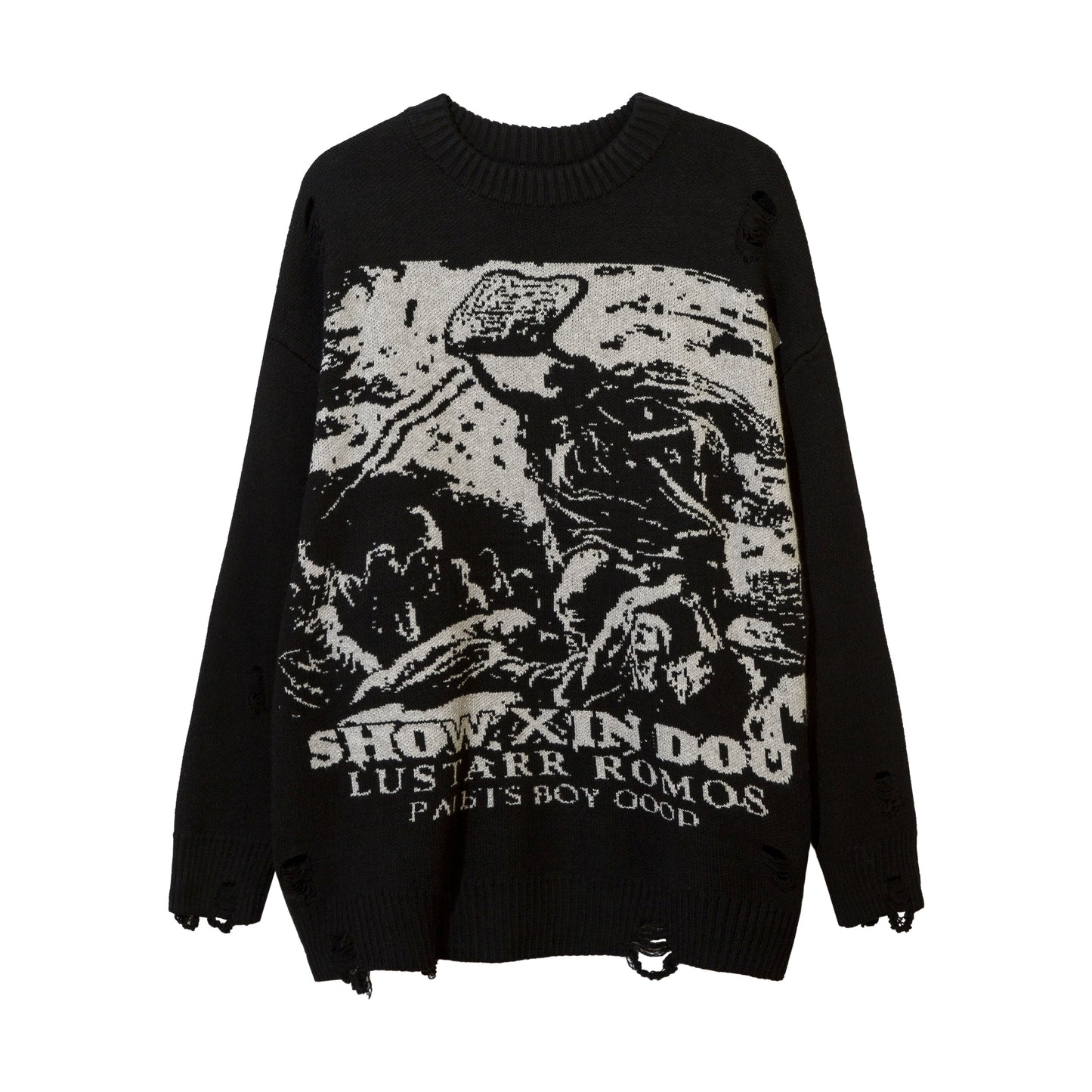 Harajuku Priest Salvation Printed Knitwears Women Streetwear Hip Hop Destroyed Hole Ripped Pullovers Jumper Oversized Men - Amazhona 