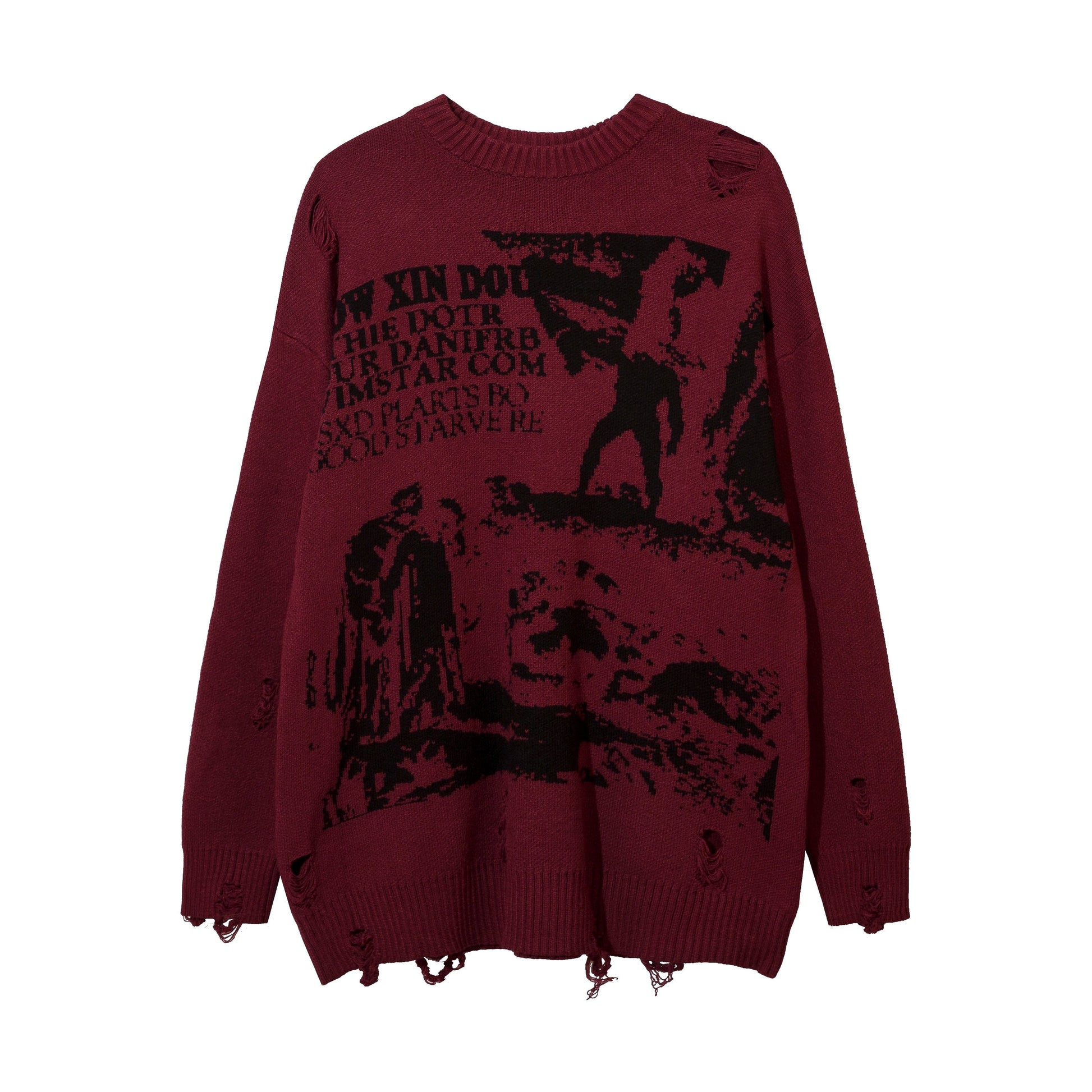 Harajuku Priest Salvation Printed Knitwears Women Streetwear Hip Hop Destroyed Hole Ripped Pullovers Jumper Oversized Men - Amazhona 