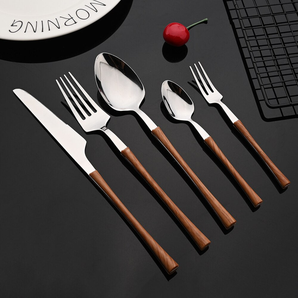 Wooden Handle Western Tableware Stainless Steel Dinnerware Cutlery Set Silver Knife Tea Fork Coffee Spoon Dinner Flatware Set - Amazhona 