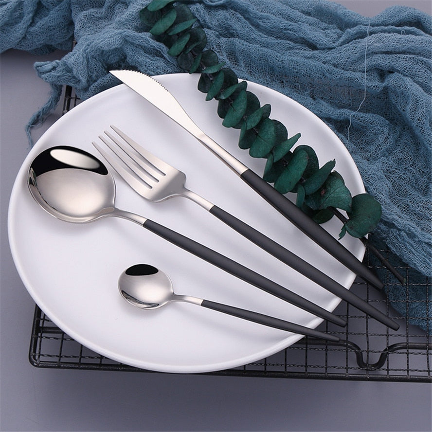 Black Silver Fork Spoon Knife Stainless Steel Cutlery Set Silverware Tableware Chopsticks Dinnerware IceTea Spoon Flatware Set - Amazhona 