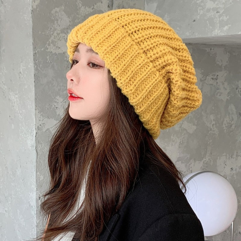 Korean Windproof Hat Winter Solid Color Thick Woolen Hats For Women Ski Slouchy Cap Skull Winter Wool Warm Caps Warm Beanies - Amazhona 