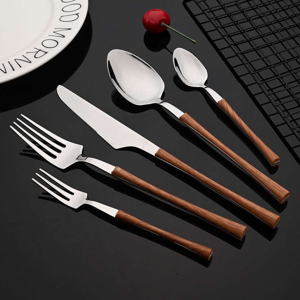 Wooden Handle Western Tableware Stainless Steel Dinnerware Cutlery Set Silver Knife Tea Fork Coffee Spoon Dinner Flatware Set - Amazhona 