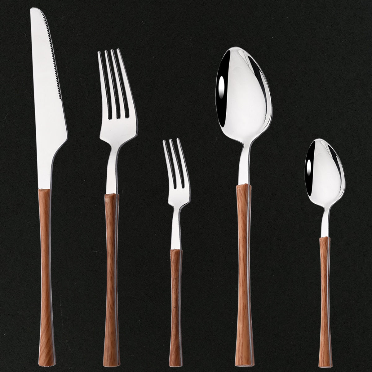 Wooden Handle Western Tableware Stainless Steel Dinnerware Cutlery Set Silver Knife Tea Fork Coffee Spoon Dinner Flatware Set - Amazhona 