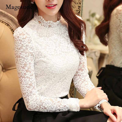 blusas de mujer Fashion 2021 Plus Size Lace Crocheted Hollow Out Top Stand-up Collar White Blouse Woman Sweet Long Sleeve Shirts Blusas 1695 - Amazhona 